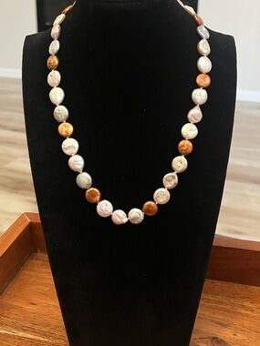 Freshwater coin pearl necklace iridescent cream silver copper bronze flat 18”